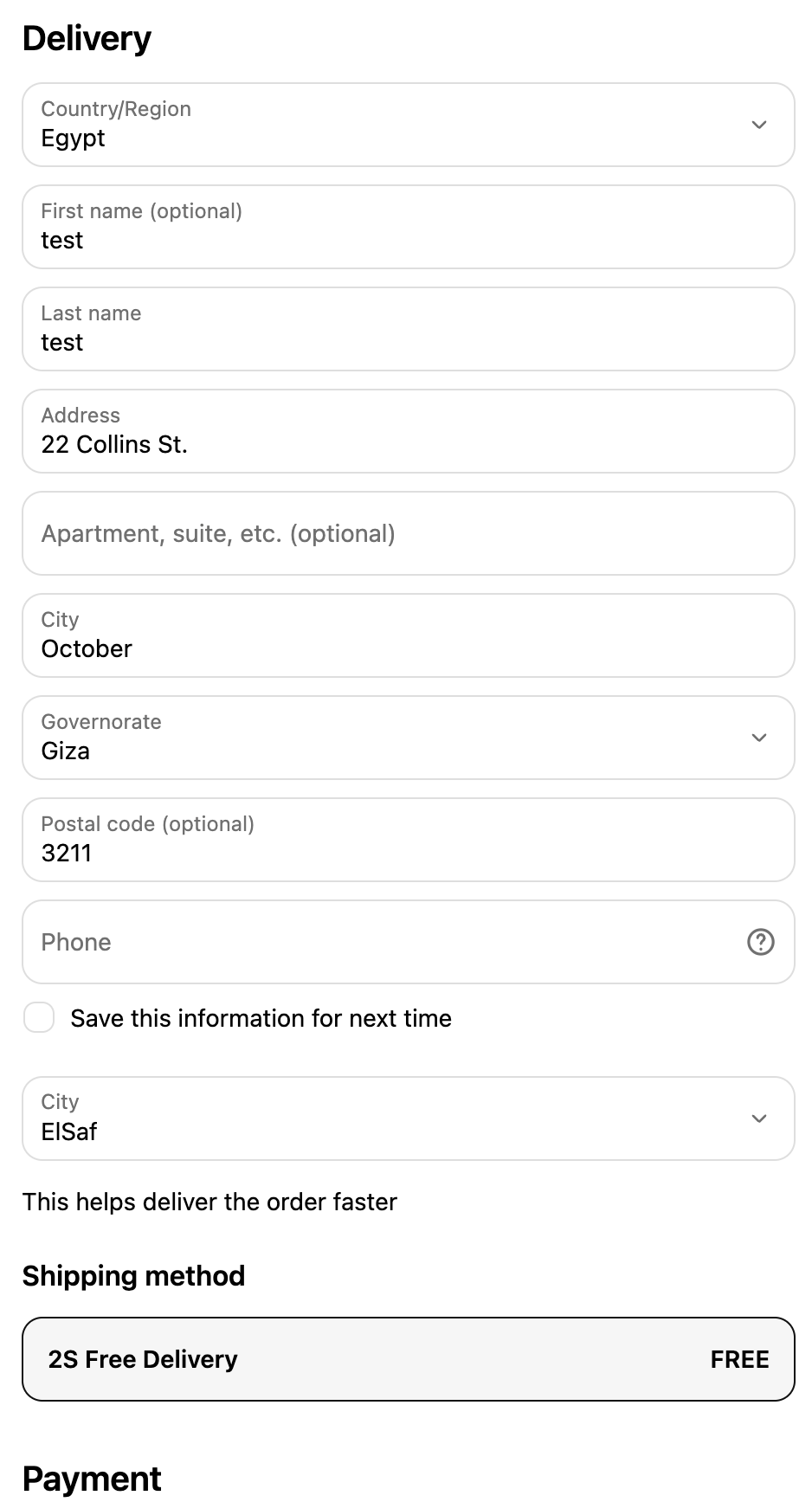 2S checkout with the Giza governorate and a selected city