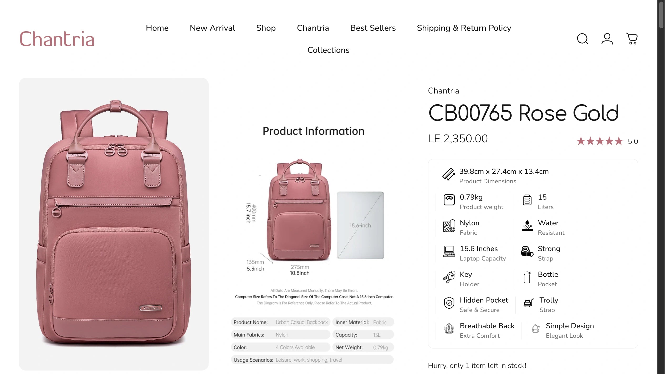 Chantria product page showing a rose gold backpack and its specifications