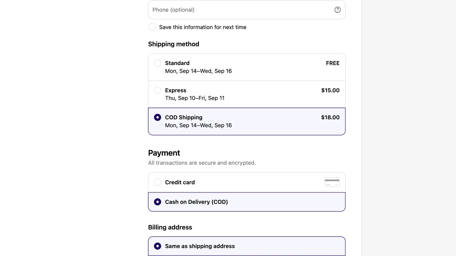 Checkout showing Cash on Delivery for an eligible shipping rate
