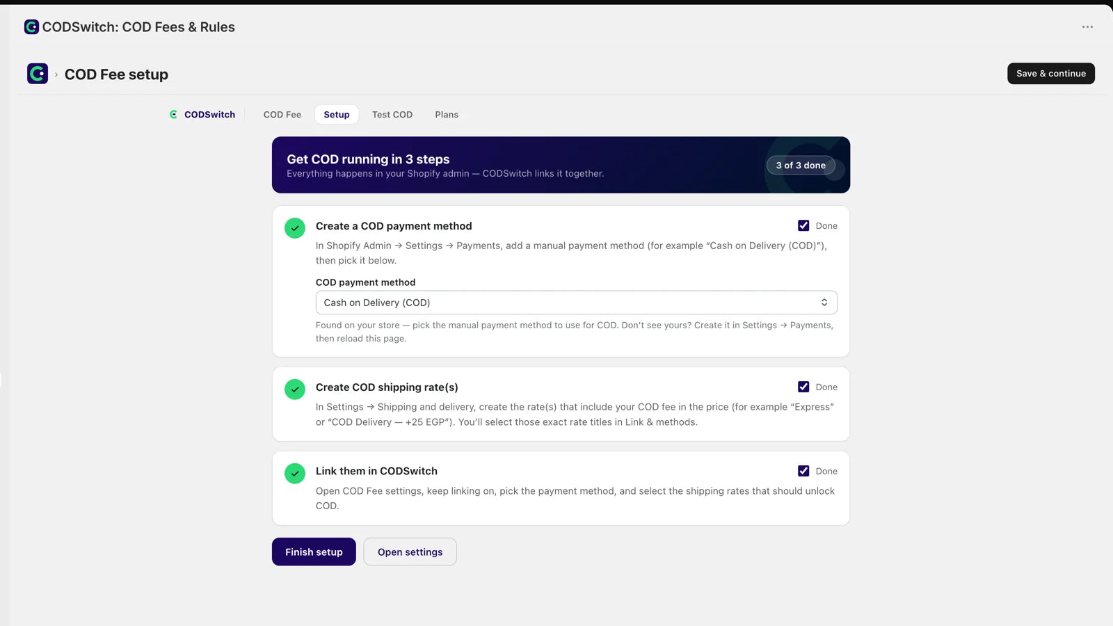 COD setup with payment method and linked shipping rates