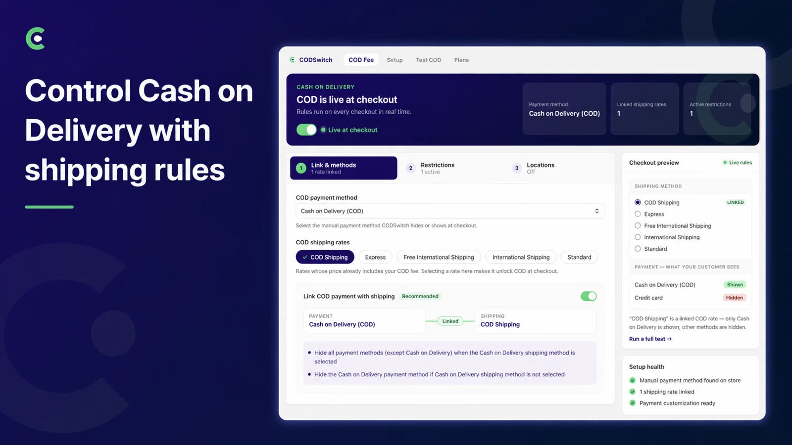 CODSwitch dashboard for configuring Cash on Delivery rules