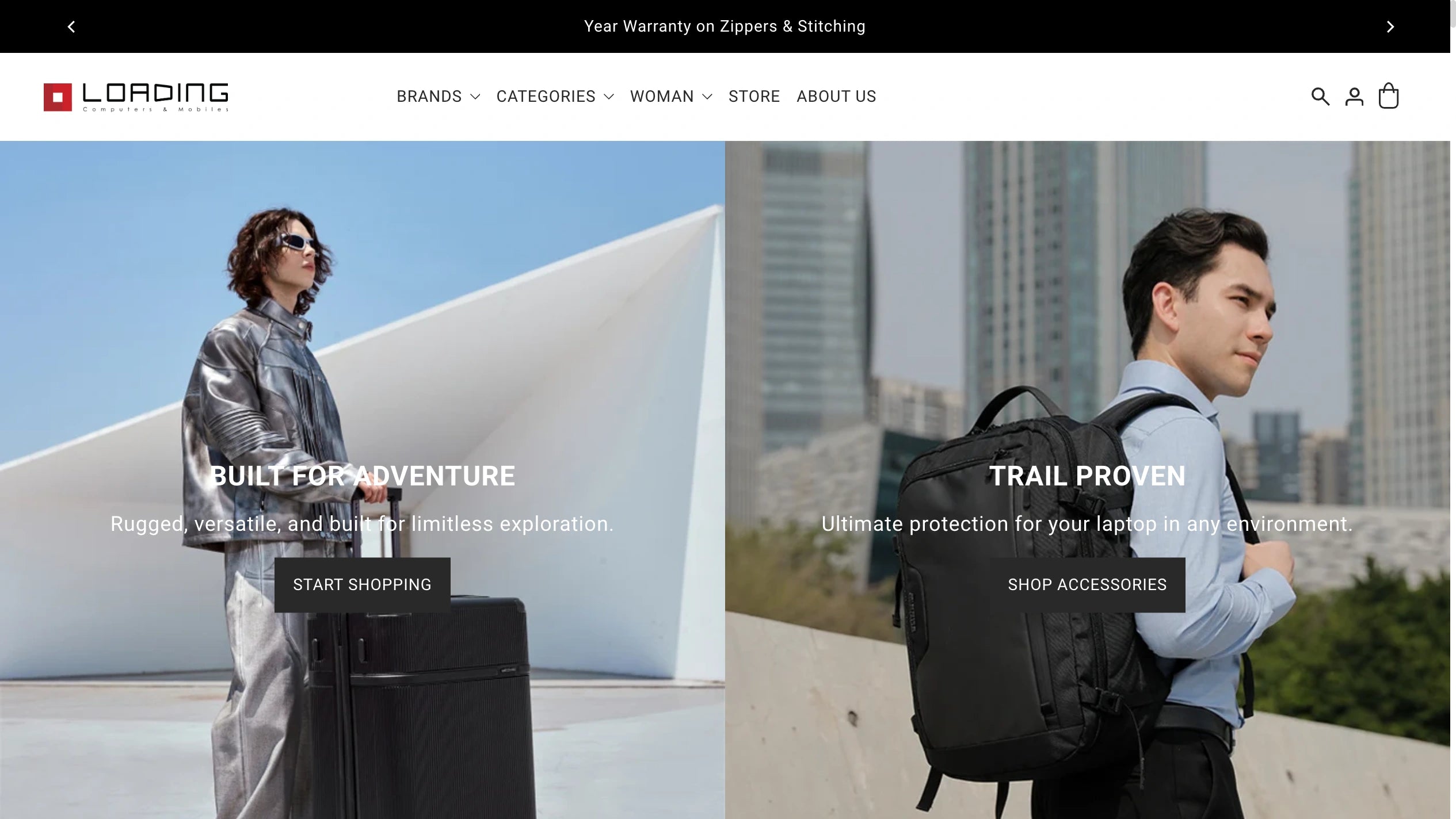 Loading storefront with its travel and bags campaign