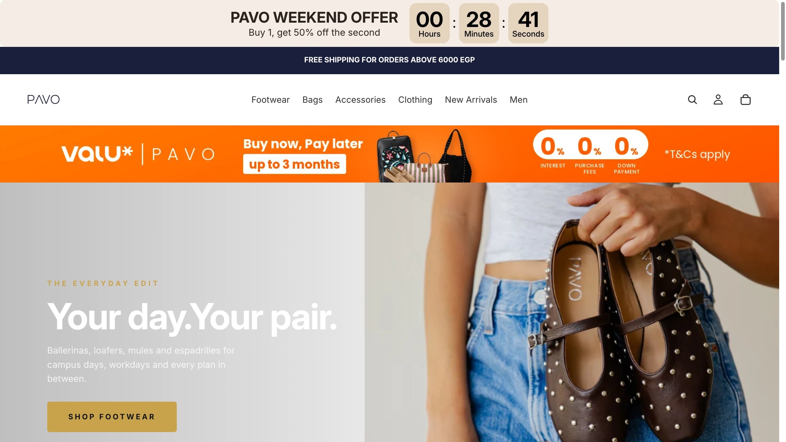 Pavo storefront showing a footwear campaign